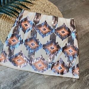 Lovemarks tan and coral sequence skirt size small excellent condition